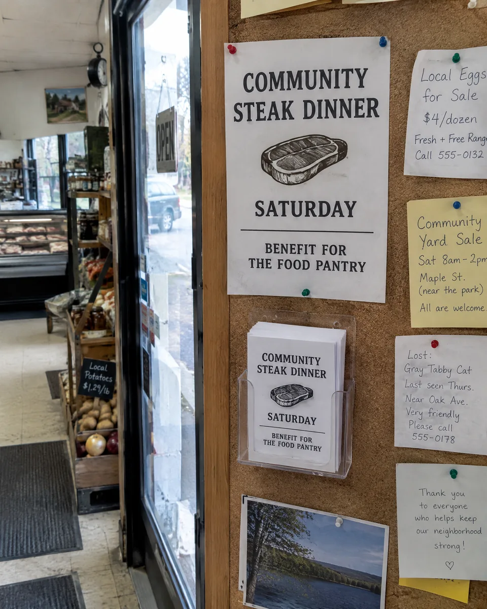 A community steak dinner poster and matching take-one flyers on a neighborhood grocery store bulletin board.