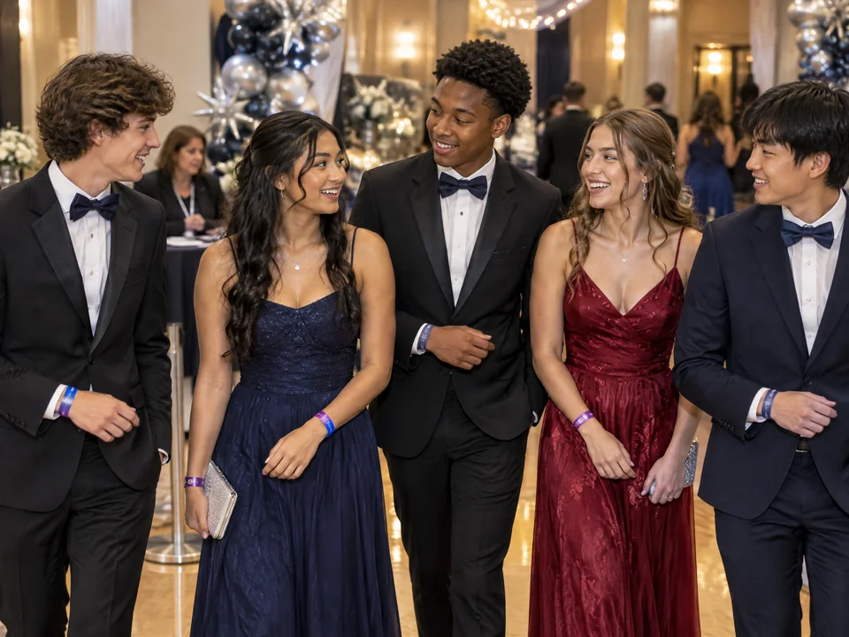 Five formally dressed prom attendees gather inside the dance venue while wearing coordinated navy and violet printed admission wristbands.