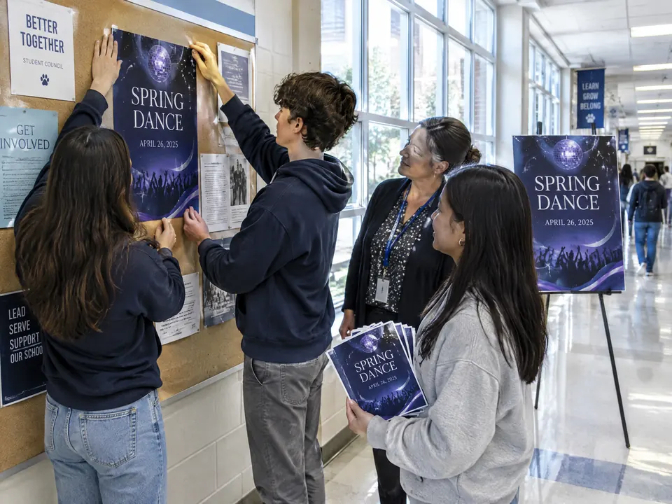 A school dance committee installs a coordinated small poster while holding matching flyers beside a large poster on an easel.