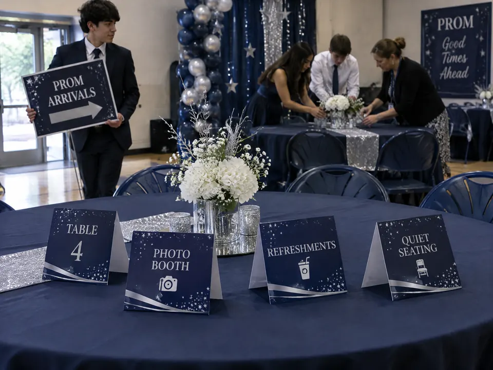 Folded navy prom table tents identify Table 4, the photo booth, refreshments, and quiet seating during school dance setup.