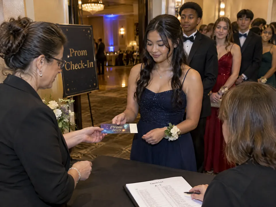 An adult prom chaperone checks a long rectangular full-color admission ticket with a narrow detachable stub at the guest entrance.