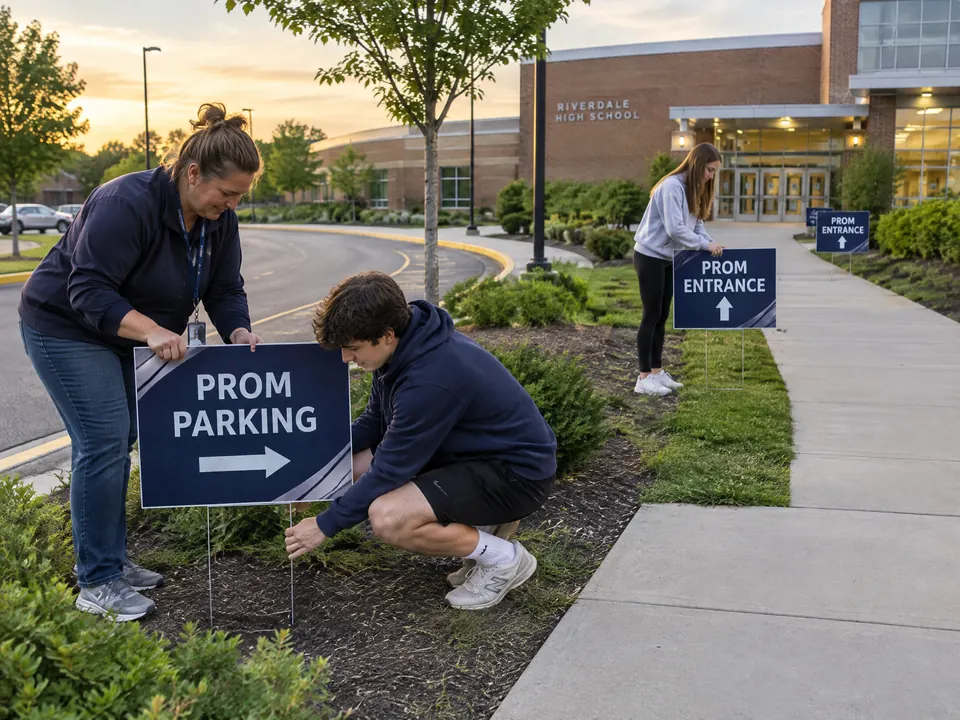 A school staff member and student volunteers place navy Prom Parking and Prom Entrance yard signs along an approved arrival route.