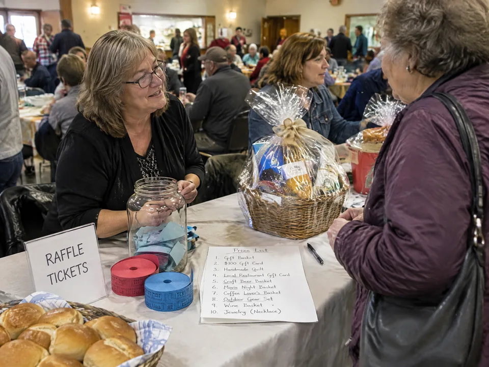 Volunteers run a raffle and donation table with ticket rolls and donated prizes during a community dinner.