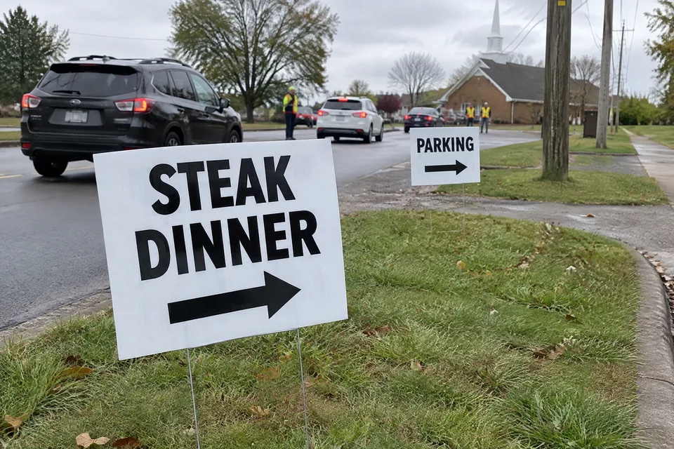 Steak dinner and parking directional signs guide arriving cars toward a community event.